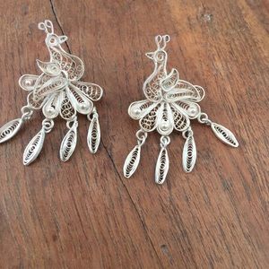 Silver filigree peacock earrings